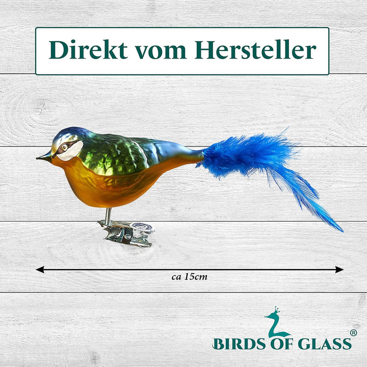 Birds of Glass® Glas-Vogel, Blaumeise mit Naturfeder | Glasschmuck Made in Germany aus eigener Herst