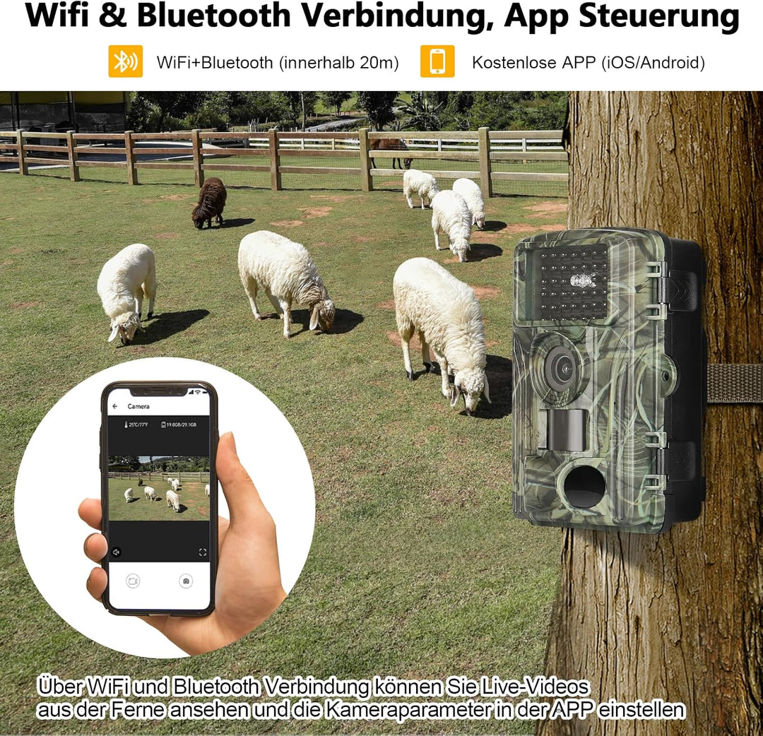 Wildkamera WLAN, 4K Video Wildtierkamera WiFi, 32GB 120° Testsieger 60MP mit 2,0 Zoll LCD-Bildschirm