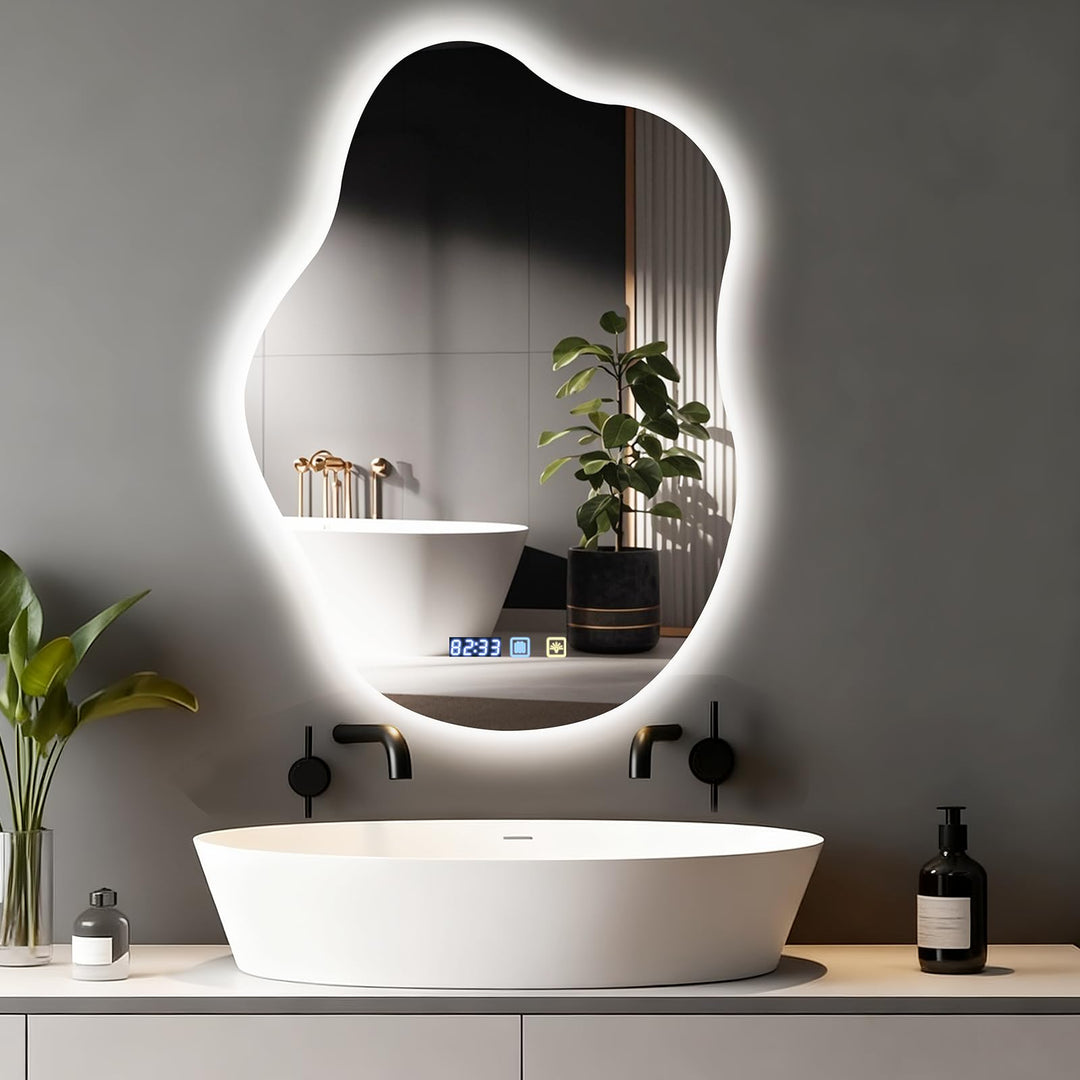 Badspiegel mit Beleuchtung,70x50cm Asymmetrischer LED Badezimmerspiegel, Entfoggen,Touch-Schalter, D