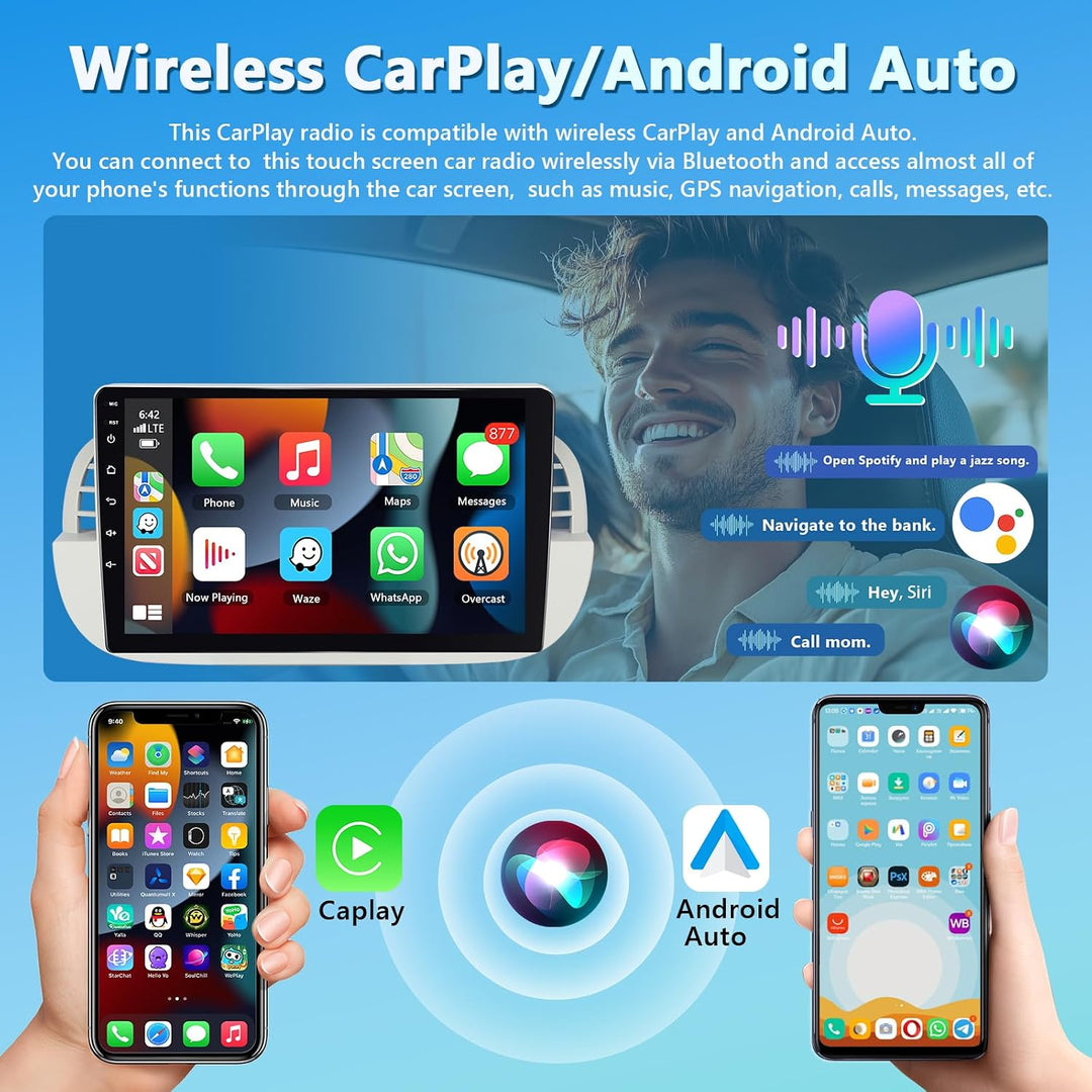4GB+64GB Autoradio für FIAT 500 2007-2015 Radio mit Carplay, 9 Zoll Bildschirm Wireless Android Auto