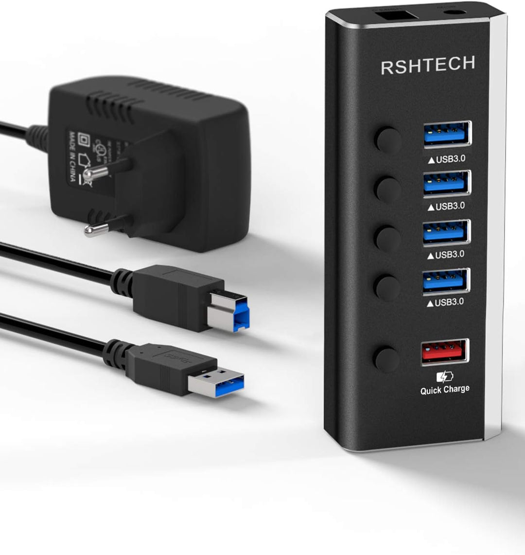 RSHTECH Aluminium USB Hub Aktiv 3.0 mit 24W Netzteil, mit 1*Schnellladeanschluss, 4*USB 3.0 Datenans