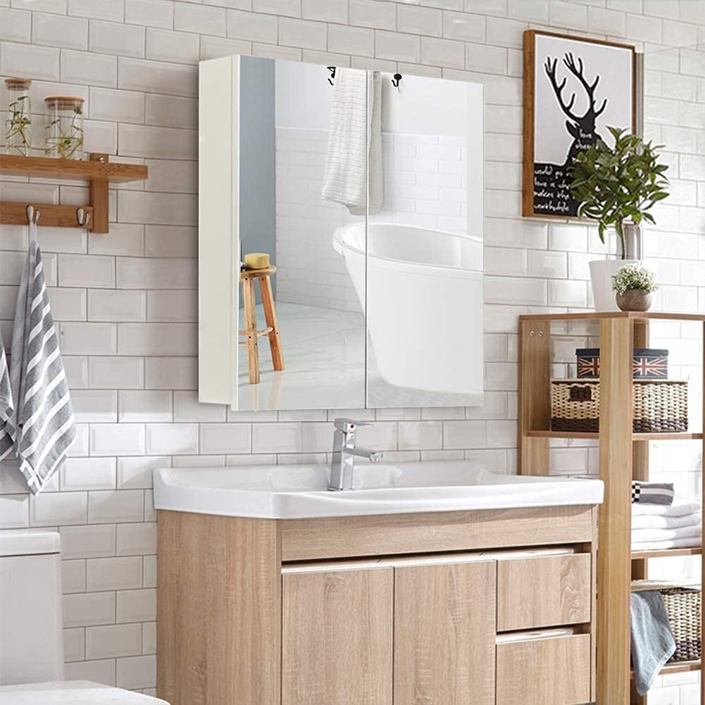CLIPOP Badezimmer Spiegelschrank, Wandmontage Badezimmerschrank mit 2 Spiegeltüren und verstellbaren
