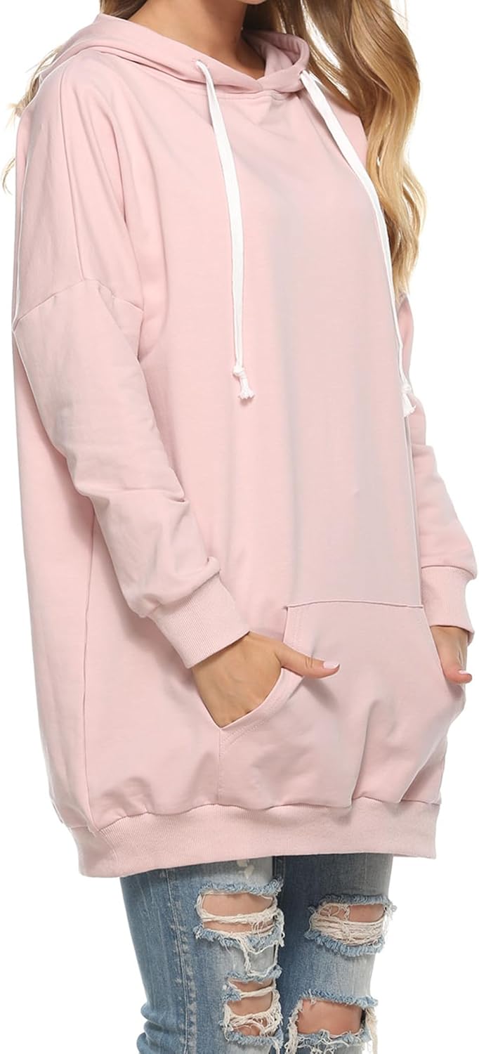 Famulily Damen Oversized Hoodie Kleid Baumwolle Lang Sweatshirt mit Kapuze Einfarbige Kapuzenpullove