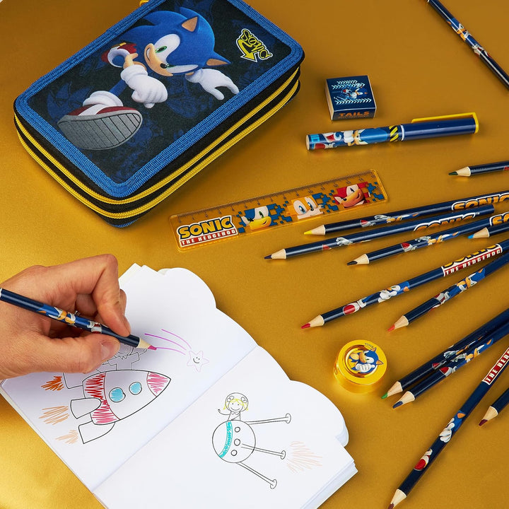 Sonic The Hedgehog Federtasche Gefüllt Kinder, Federmäppchen 2 Fächer, Mäppchen mit Inhalt, Etui Sch