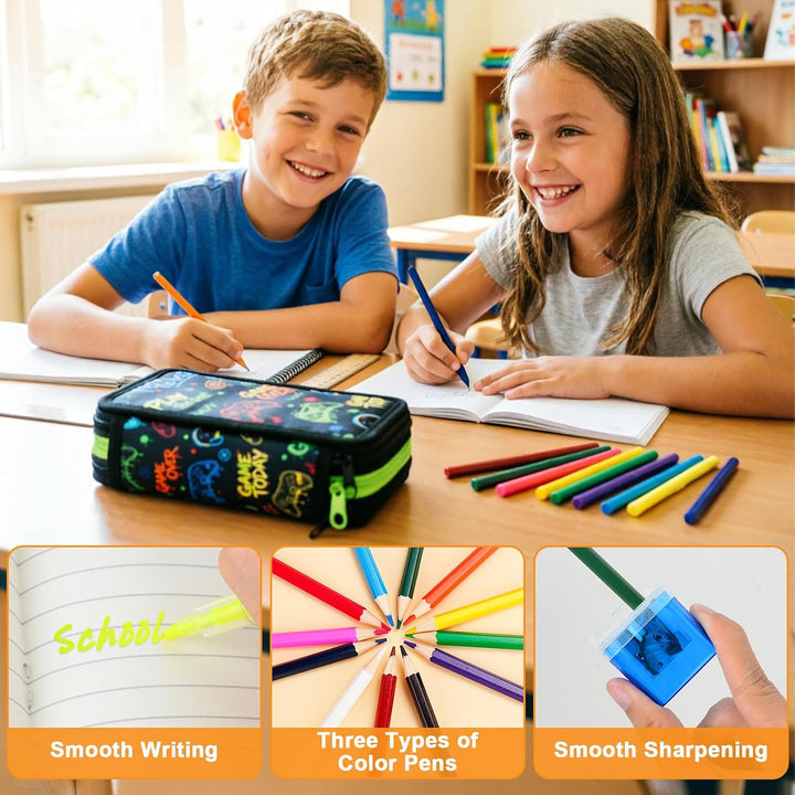 Federmäppchen Jungen 41 Teilig, 3 Fach Gaming Federtasche | Stiften, Textmarker, Radierer, Lineal Se
