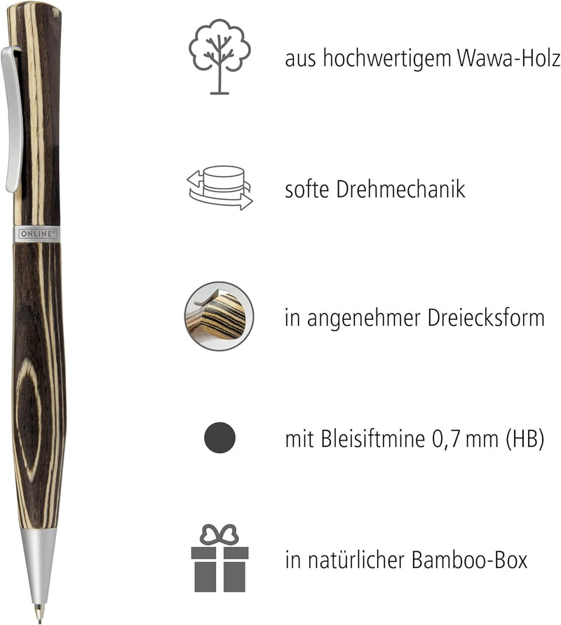 ONLINE Drehbleistift Newood, natürliches Wawa-Holz braun, 0,7 mm (HB) Mine, Metallclip, in Geschenkb