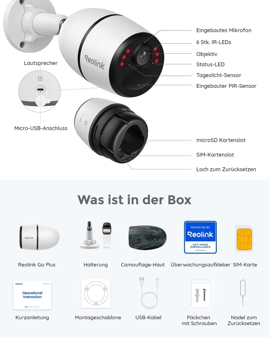 Reolink Go Plus 3G/4G LTE Überwachungskamera Aussen Akku, 2K 4MP HD mit SIM-Kartenslot, Personen-/Au