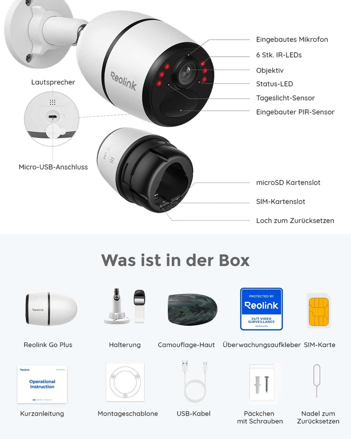 Reolink Go Plus 3G/4G LTE Überwachungskamera Aussen Akku, 2K 4MP HD mit SIM-Kartenslot, Personen-/Au