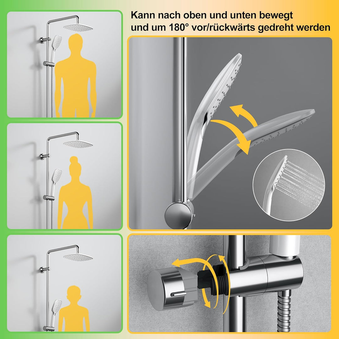 Florenta Regendusche Duschsystem Chrom Duschset mit Edelstahl Duschstange und ABS Kopfbrause, Handbr