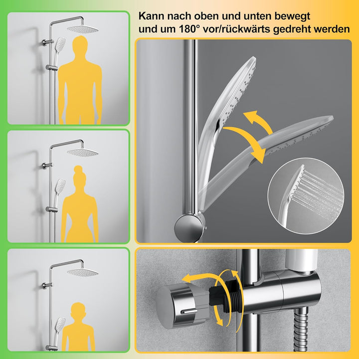 Florenta Regendusche Duschsystem Chrom Duschset mit Edelstahl Duschstange und ABS Kopfbrause, Handbr