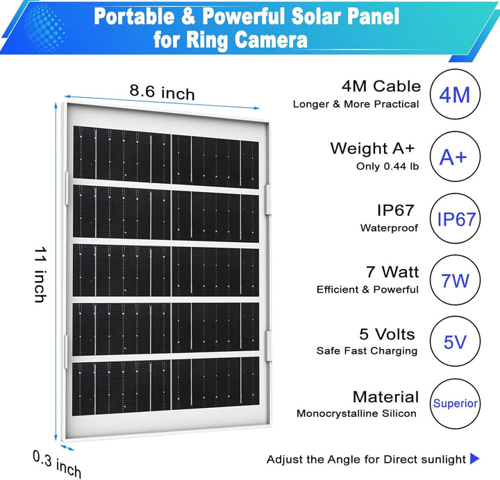 Solarpanel für Ring Kameras – 5V7W Solarmodul mit 4m Kabel, Kompatibel mit Ring Stick Up Cam Pro/Spo