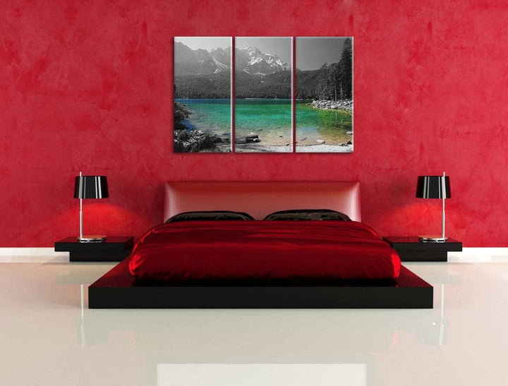 Eibsee vor der Zugspitze schwarz/weiss 3-Teiler Leinwandbild 120x80 Bild auf Leinwand, XXL riesige B