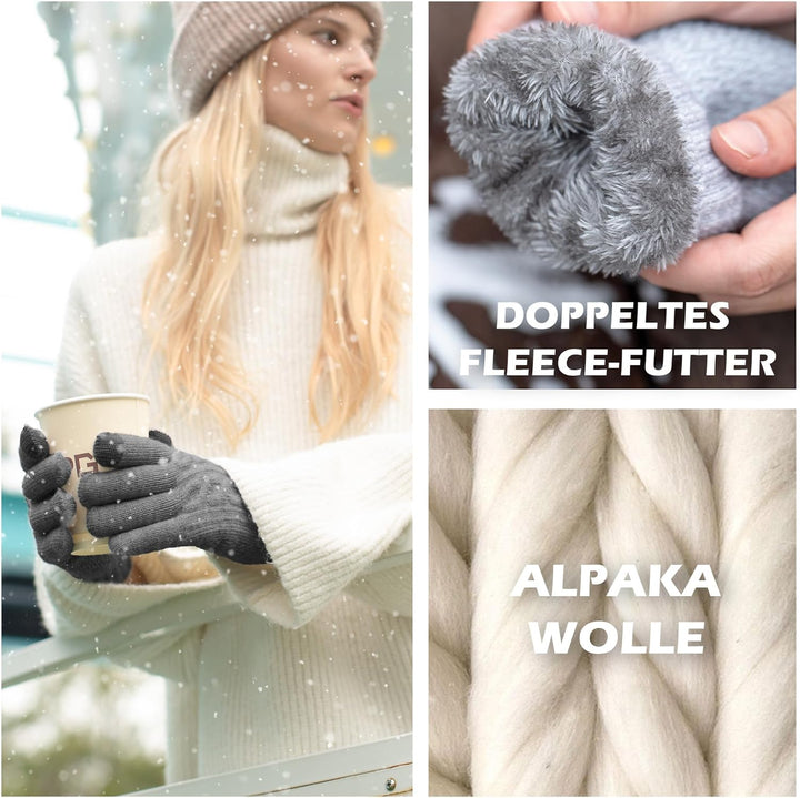 Alpaka Handschuhe Damen Fleece Doppelfutter & Touchscreen - Thermo Winterhandschuhe mit Anti-Rutsch