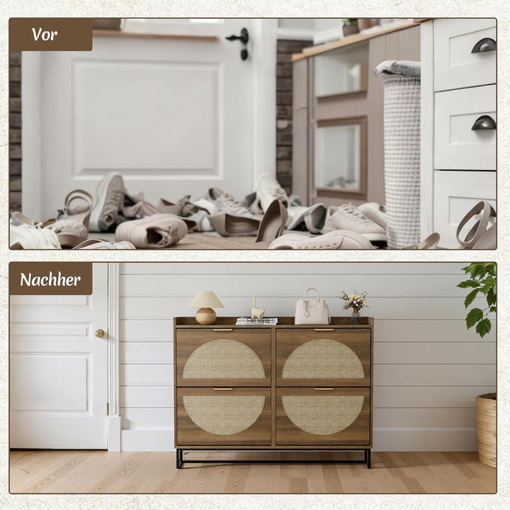 Schuhschrank Schmal, Schuhregal mit 4 Klappen, Schuhkipper mit Verstellbar, Schuhaufbewahrung Holz,