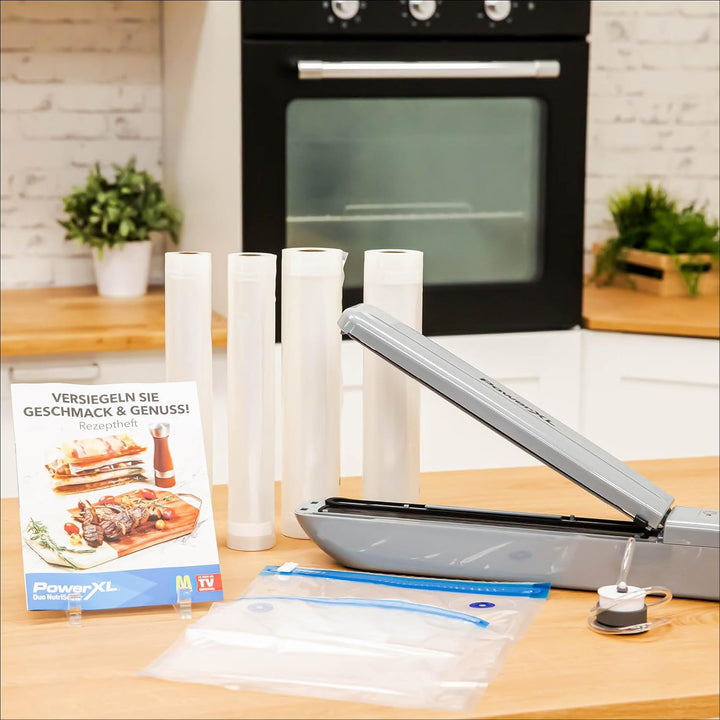 PowerXL Duo NutriSealer SET inkl. 4 Vakuumfolienrollen - 6in1 Vakuumiergerät - 3 Programme - Lebensm