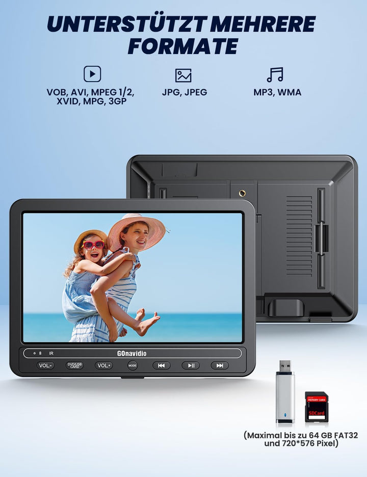 10,1" DVD Player Auto 2 Bildschirme 5-Stunden-Akkulaufzeit mit HDMI-Eingang, USB/TF-Karte, Speicherk