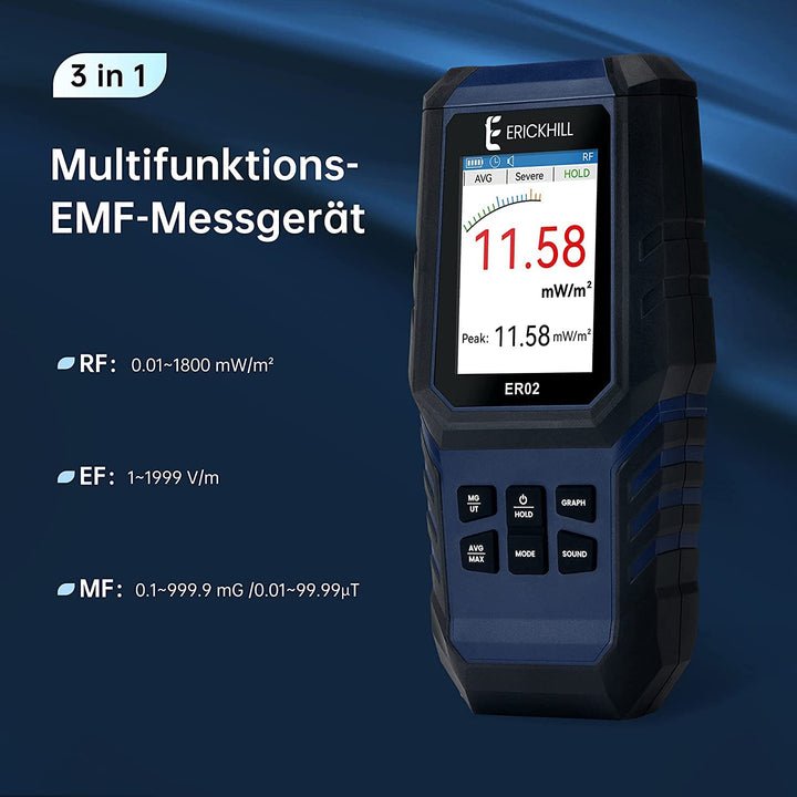 ERICKHILL EMF Messgerät ER-02, EF/MF/RF-Prüfung, wiederaufladbarer magnetfeld , digitaler/Grafik-Dua