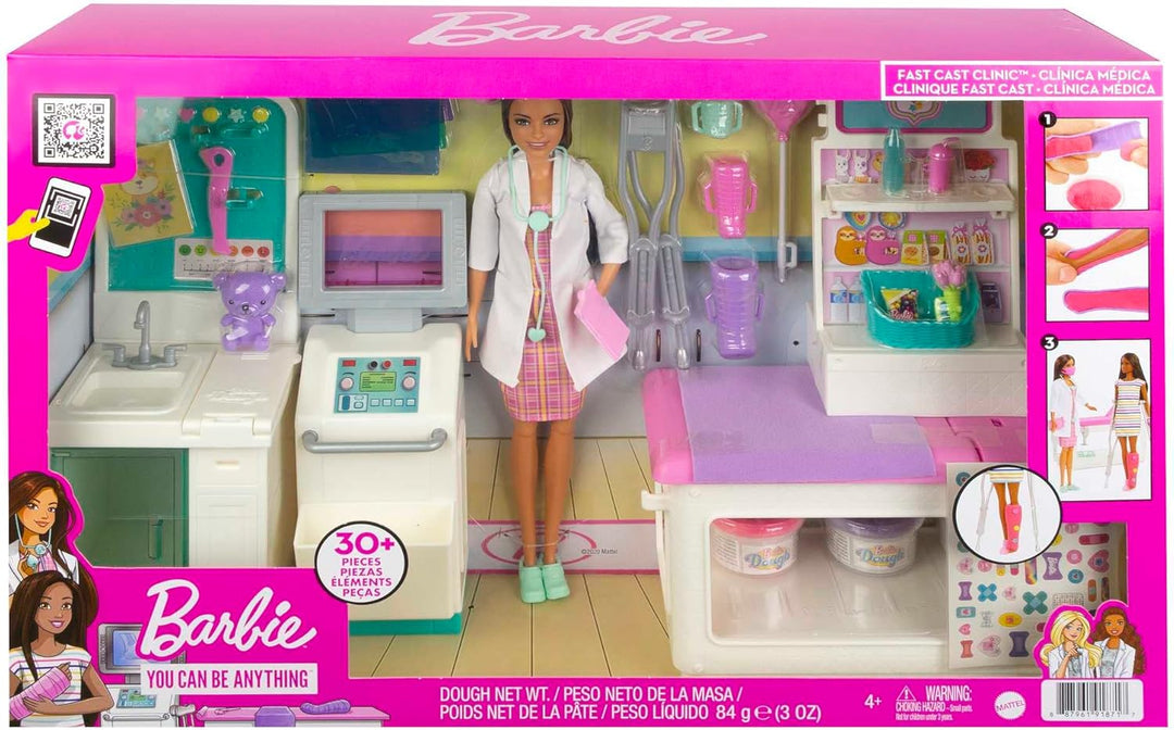 Barbie HFT68 - Gute Besserung Krankenstation Spielset mit brünetter Barbie-Arztpuppe, 4 Spielbereich