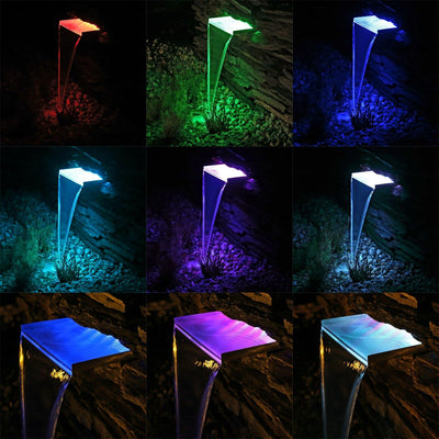 30cm Edelstahl Wasserfall Element mit LED Beleuchtung RGB Licht für Garten Teich Mauer Wand Gabione