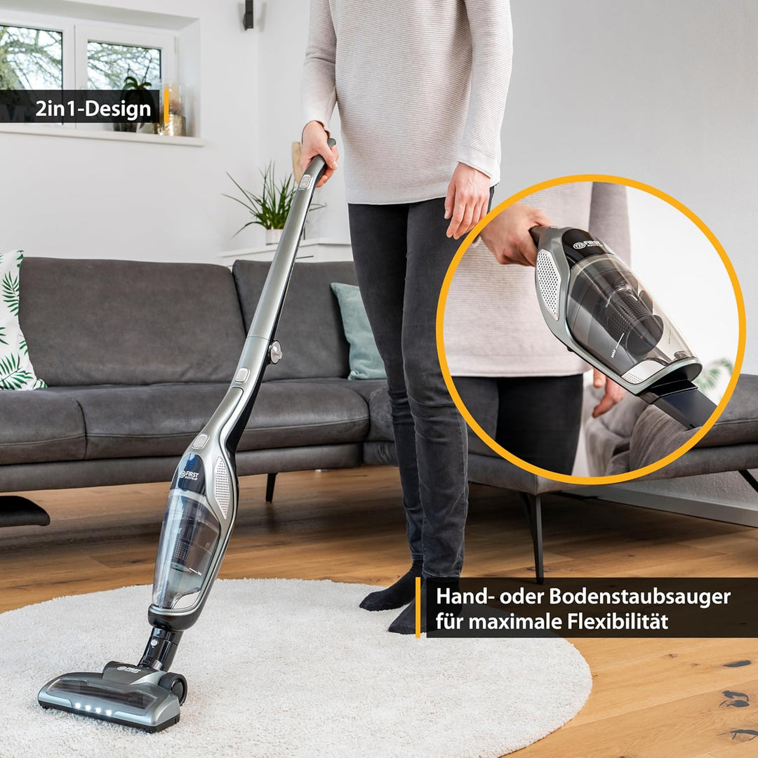 TZS First Austria 2in1 Stiel- und Handstaubsauger | bis zu 60 min Akkulaufzeit | Bodenbürste mit LED