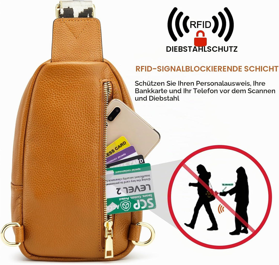 Kattee Damen Brust-Umhängetasche Echtes Leder Sling-Rucksack Kleine Umhängetasche mit RFID-Blockieru