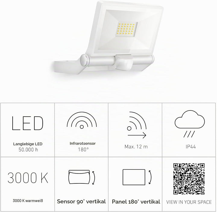Steinel LED-Aussenstrahler XLED ONE S weiss, 180°-Bewegungsmelder, 18,6 W, 2050 lm bei 3000K, Alumin