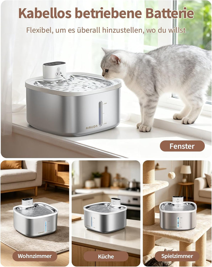 Trinkbrunnen Für Katze Kabellos, 3.5L katzenbrunnen Edelstahl, Drahtlos &amp; Ultra-leise mit Sensor- un