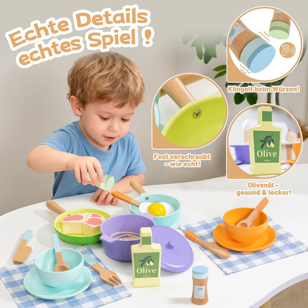 Kinderküche Zubehör Holz,Spielküche Zubehör,Puppengeschirr,Kinder Kochset Töpfe und Pfannen Set,Roll
