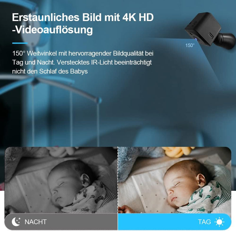 AOBOCAM Mini Kamera, 4K HD WLAN Überwachungskamera Innen Live Übertragung Handy APP Für WiFi Camera