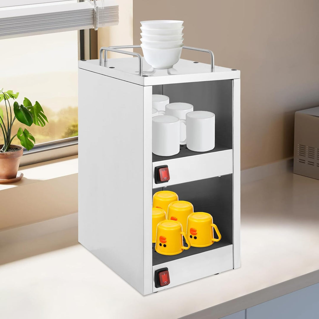 Elektrischer Tassenwärmeschrank aus Edelstahl, 140W Tassenwärmer Doppelfach Heizschrank mit 2 separa