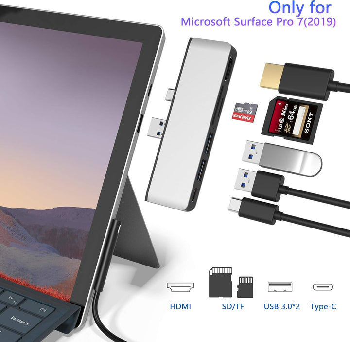 Rytaki Microsoft Surface Pro 7 USB C Hub Docking Station, 6-in-2 Aluminium Surface Pro 7 USB Hub mit