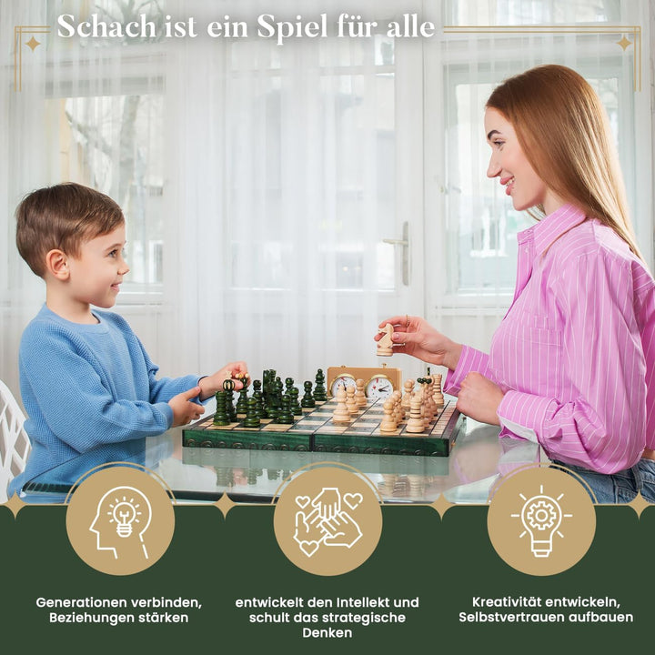 Handgefertigt Schachbrett Holz Klappbar | Master of Chess Schachspiel Holz Grüne | Chess Set 42cm |