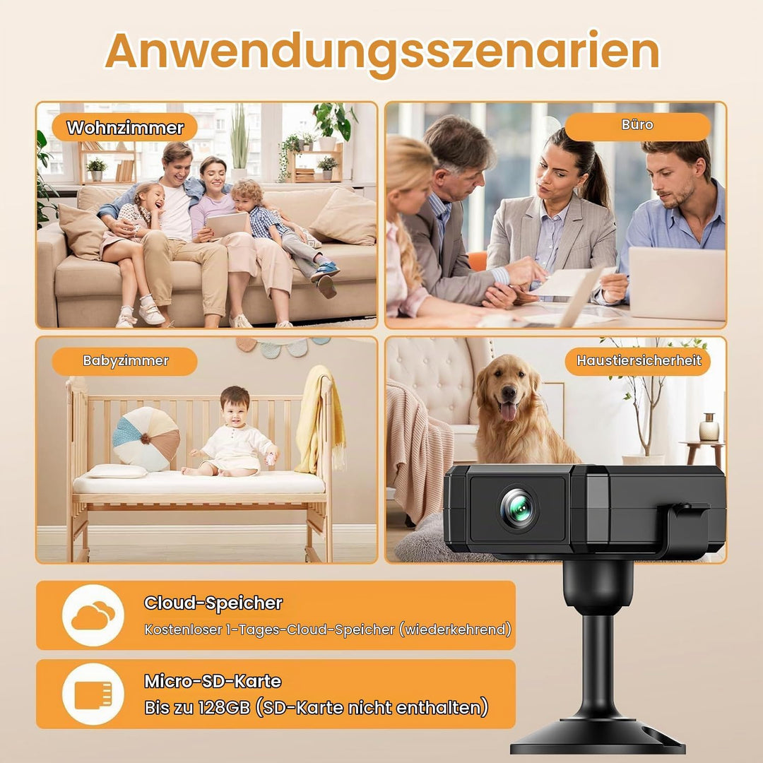 4K Mini Kamera Innen Akku, 2.4/5 Ghz WLAN Innenkamera | 180° drehbarem Objektiv automatische, Bewegu