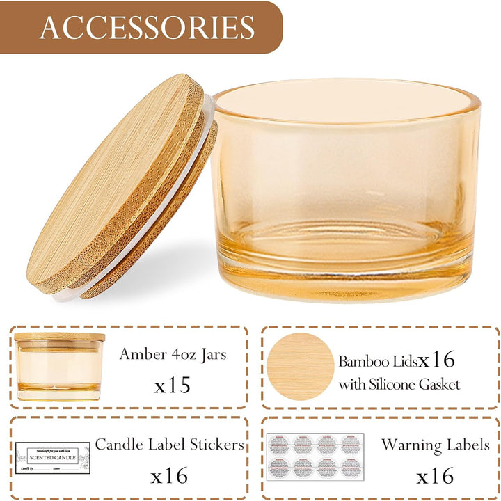 CONNOO 15 Stück 120 ml Amberfarbene Kerzengläser mit luftdichten Bambusdeckeln zum Kerzenmachen, wei