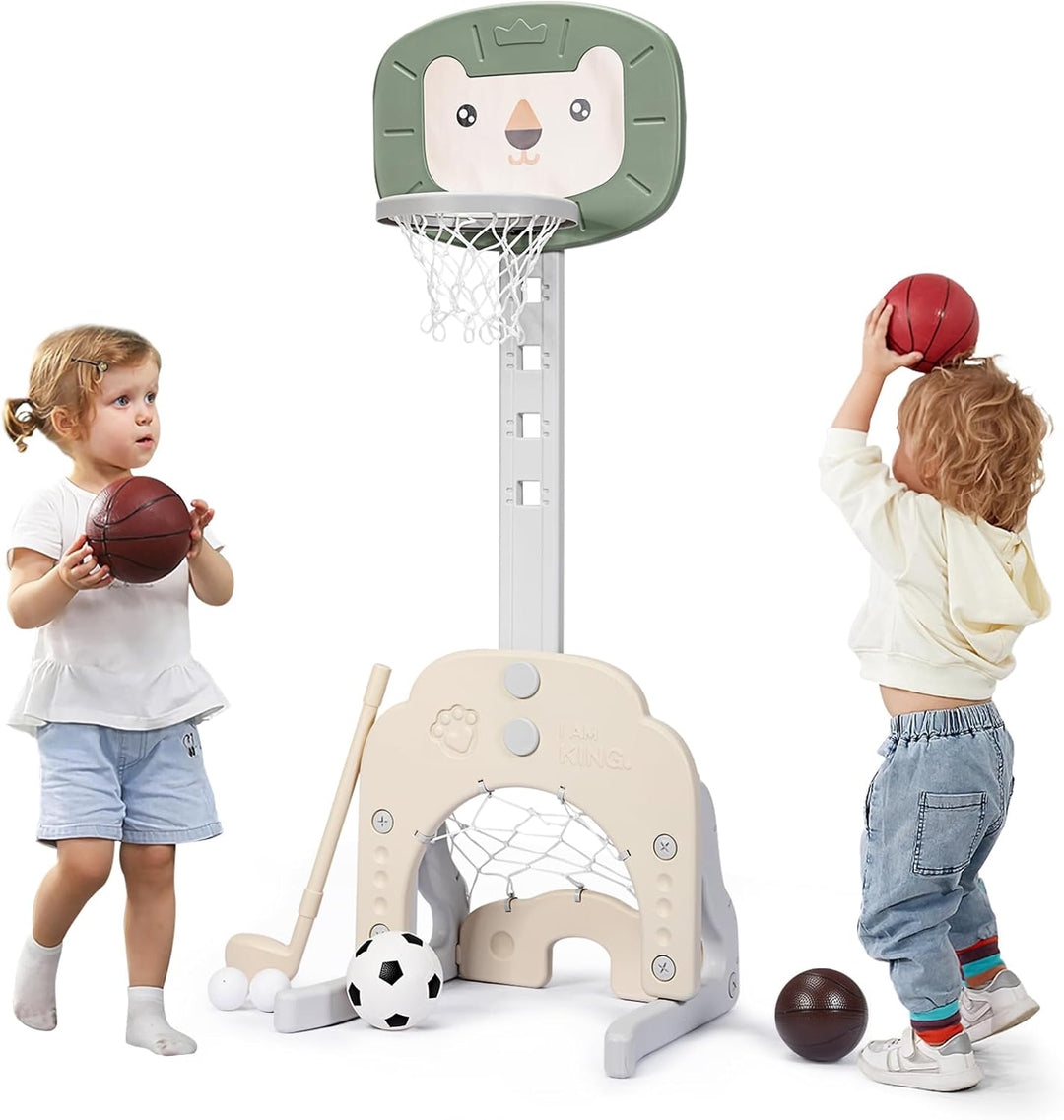 HOMASIS 3 in 1 Kinder Basketballkorb Set, multifunktionaler Basketballständer mit Fussballtor & Golf