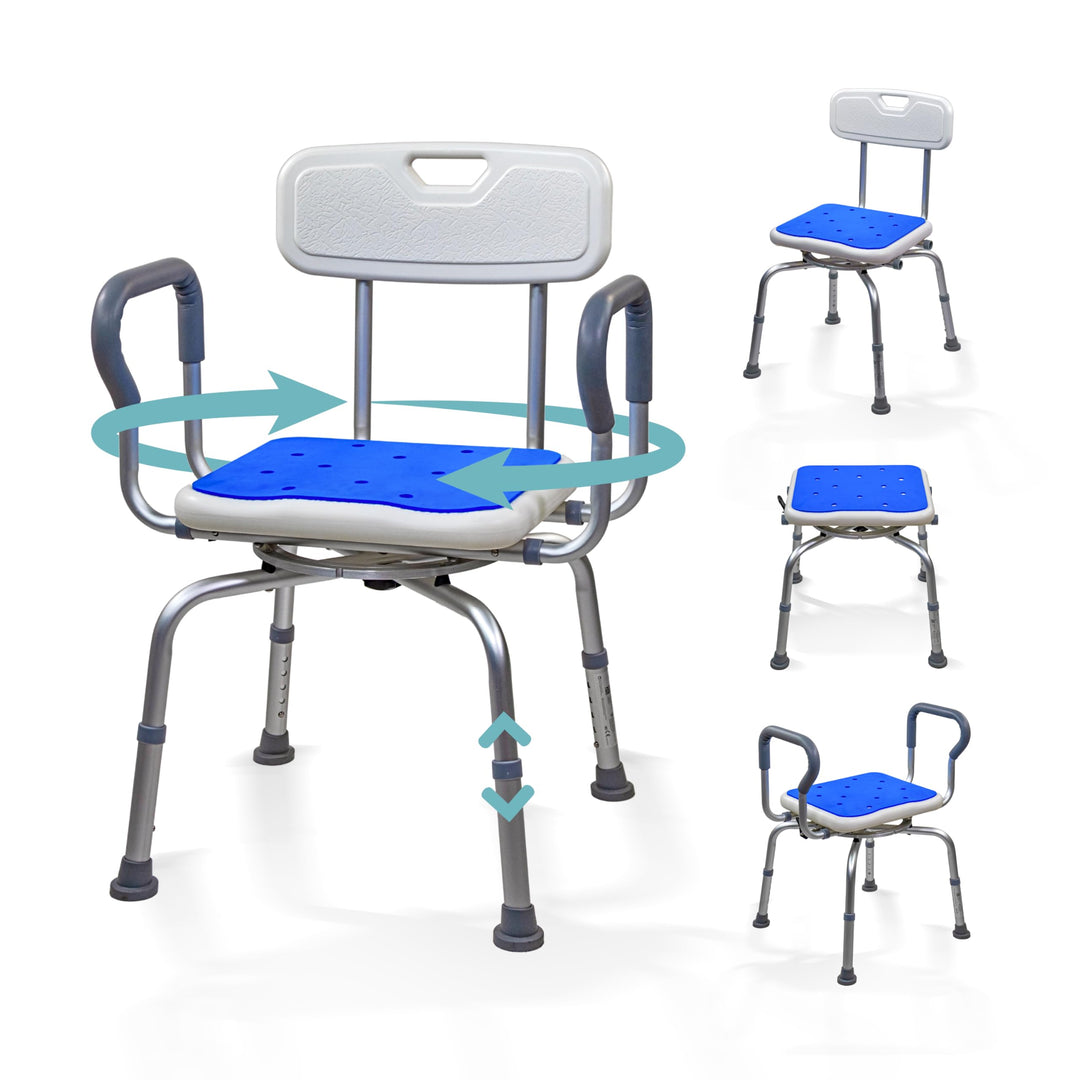 Mobiclinic®, 360° Drehbarer Duschstuhl, Armlehnen und Rückenlehne, Höhenverstellbar, Sitzfläche mit