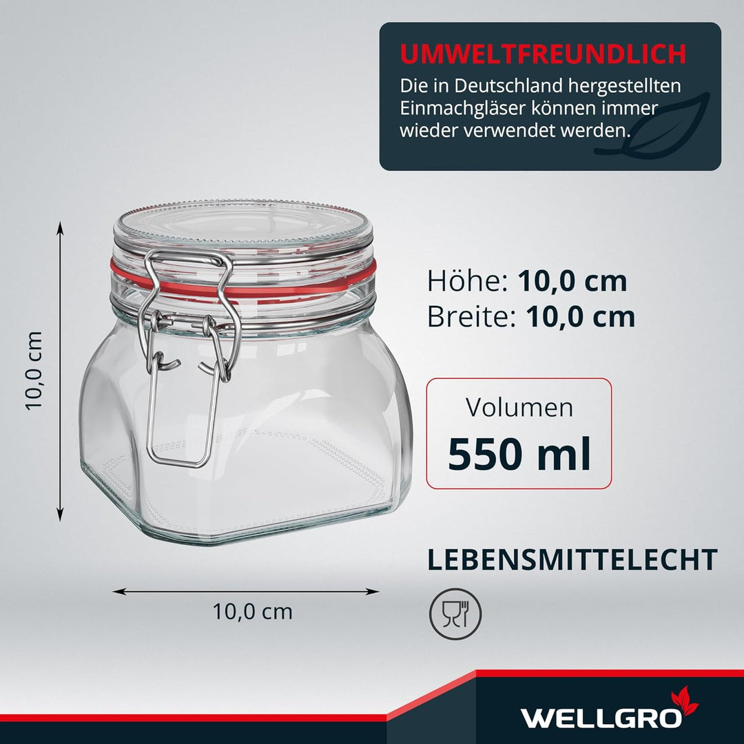 WELLGRO Einmachgläser mit Bügelverschluss eckig, Fermentierglas, Vorratsgläser mit Deckel, Bügelglas