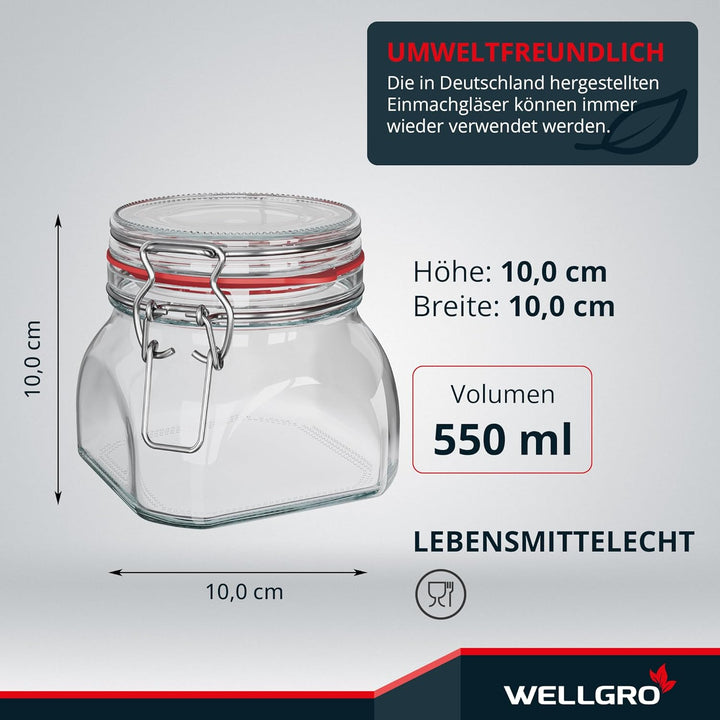 WELLGRO Einmachgläser mit Bügelverschluss eckig, Fermentierglas, Vorratsgläser mit Deckel, Bügelglas