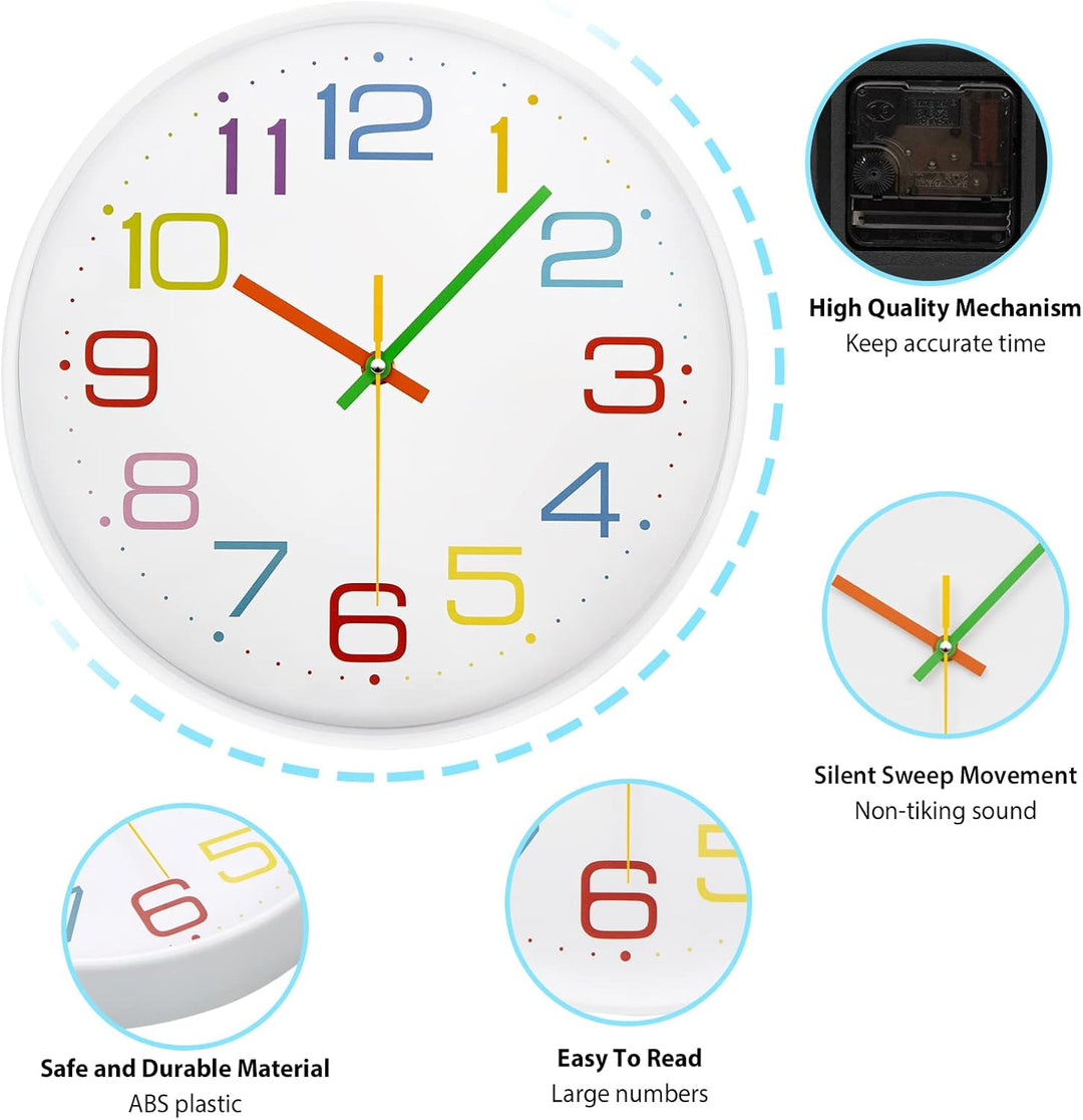 ACCSHINE Kinder Wanduhr ohne Tickgeräusche 30cm Bunt Zahlen Modern Quartz Lautlos Wanduhren Batterie