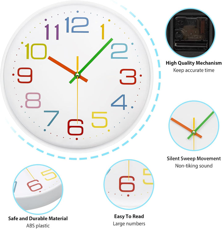 ACCSHINE Kinder Wanduhr ohne Tickgeräusche 30cm Bunt Zahlen Modern Quartz Lautlos Wanduhren Batterie