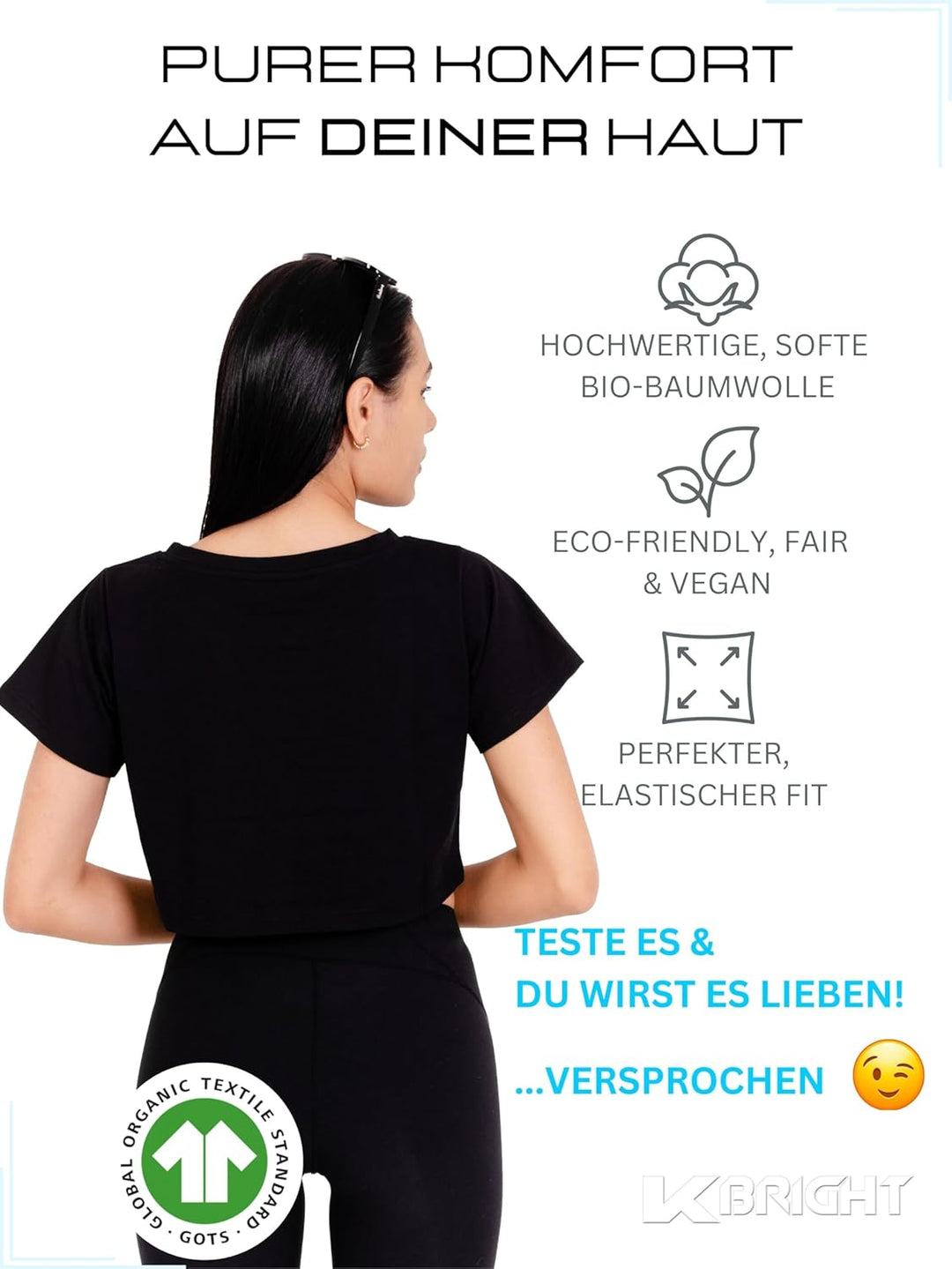 K-BRIGHT Damen Crop Top Kurzarm Basic Nachhaltig Bio Baumwolle Freizeit Sportoberteil Essential Shir
