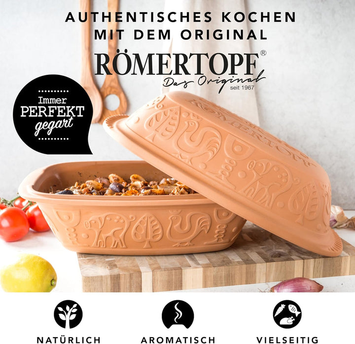 Römertopf Bräter Klassiker grosser Keramik Dampfgarer aus Naturton für bis zu 6 Personen 4 Liter, 4