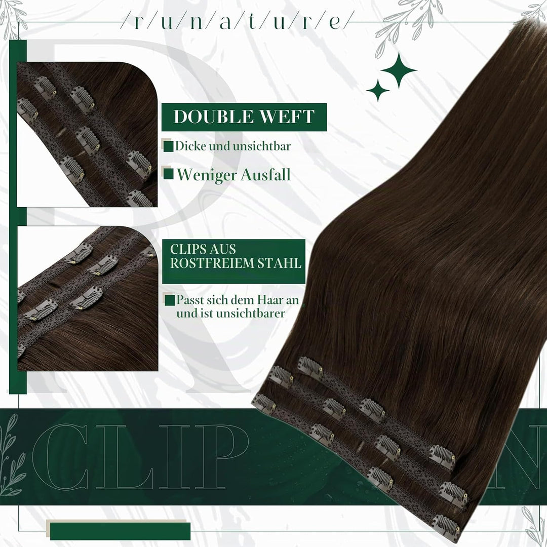 RUNATURE Clip in Extensions Echthaar 30cm Braun Menschliches Haar Echthaar Extensions Clip in 3Pcs G