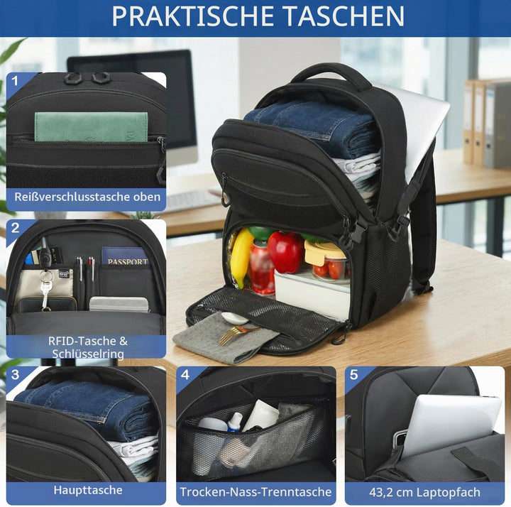 17 Zoll Laptop Rucksack mit Kühlfach 40L Herren Arbeit Rucksack, wasserabweisender Lunchrucksack für