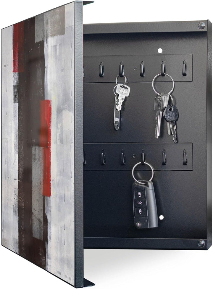 banjado® Grosser Schlüsselkasten Glas/Schlüsselbox 30cm x 30cm mit 50 Haken - Motiv Abstrakt Rot/Sch