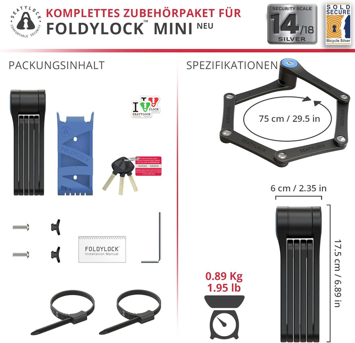 FoldyLock Mini Faltschloss mit Schlüssel - Patentiertes Testsieger Fahrradschloss mit Halterung für