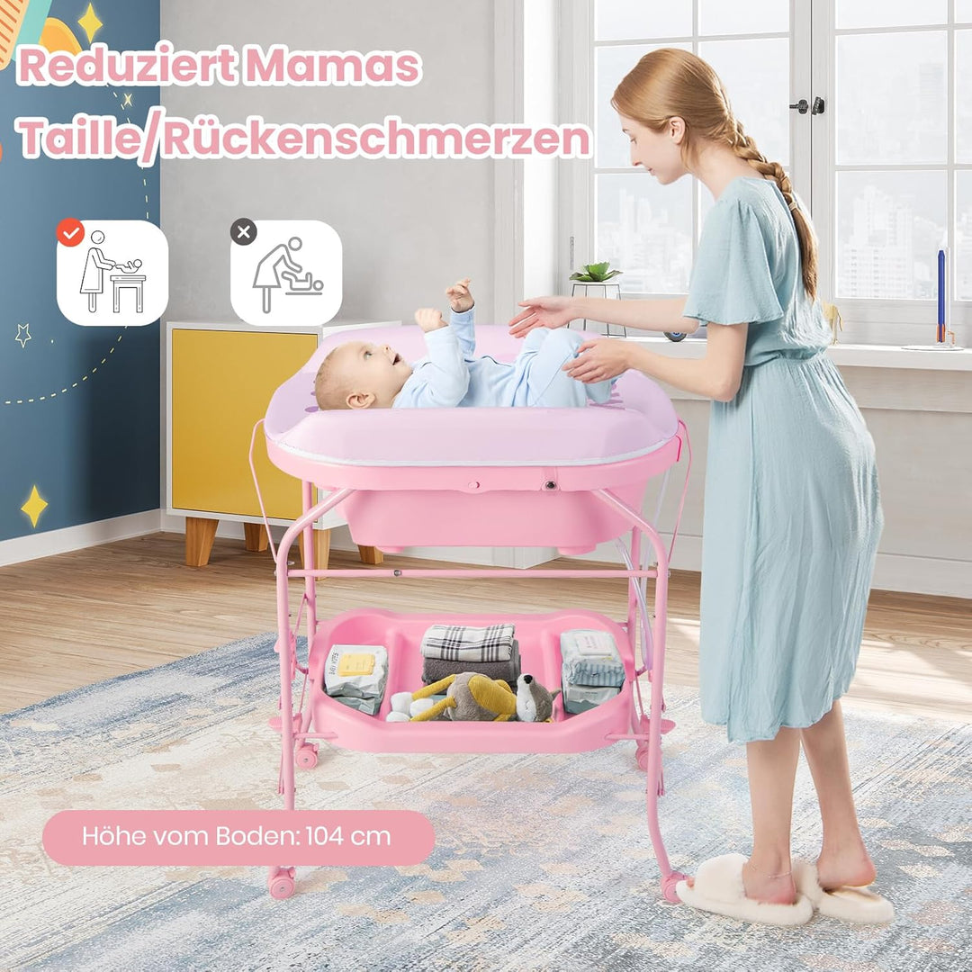 COSTWAY 4 in 1 Wickeltisch klappbar mit Badewanne, tragbare Wickelkommode mit Wickelauflage, mobile