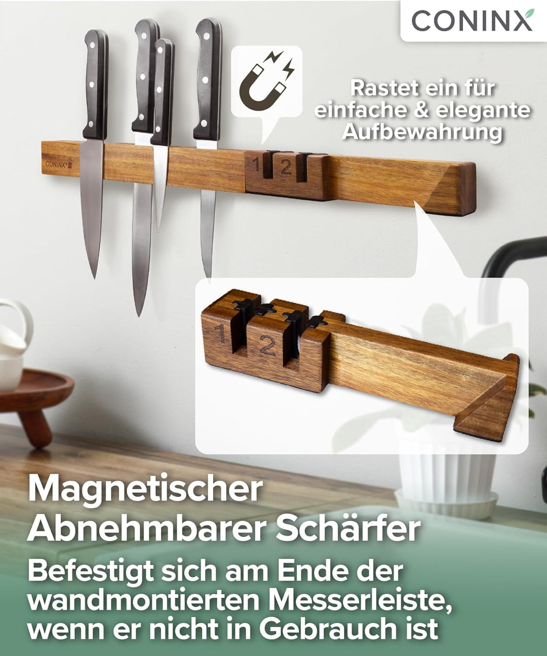 Coninx Wand-Magnetleiste 48 cm aus Akazienholz – Messerleiste mit Doppelreihe & abnehmbarem Doppelsc