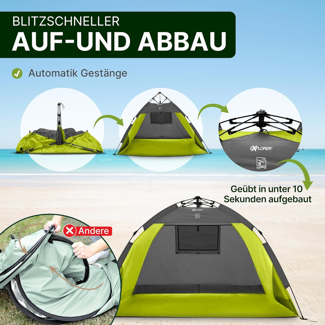 EXPLORER Automatik Strandmuschel mit UV Schutz 80+ [190x100x110cm] kleines Packmass leicht und schne