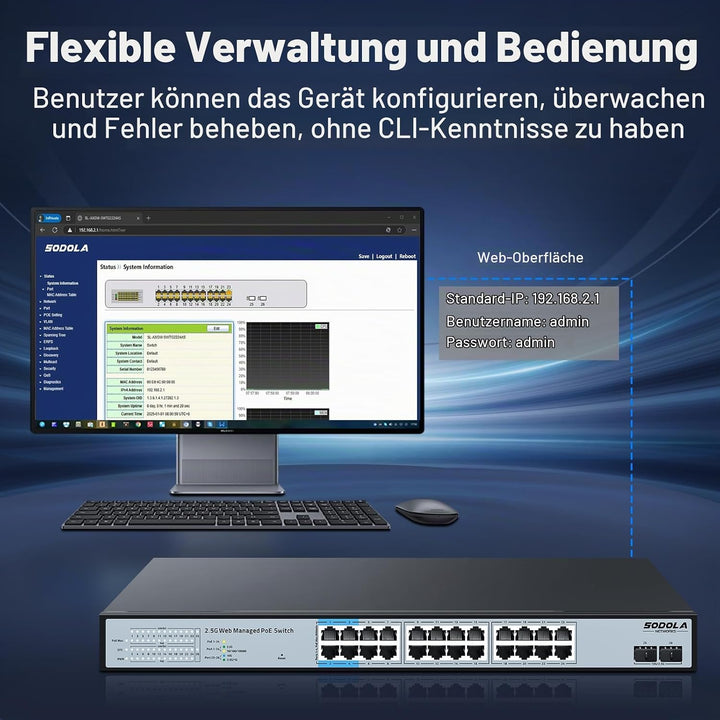 SODOLA 24-Port 2,5Gbit PoE+ Switch – Smart Managed mit 2x10G SFP+, 500W Gesamtleistung &amp; 1U-Rackmont